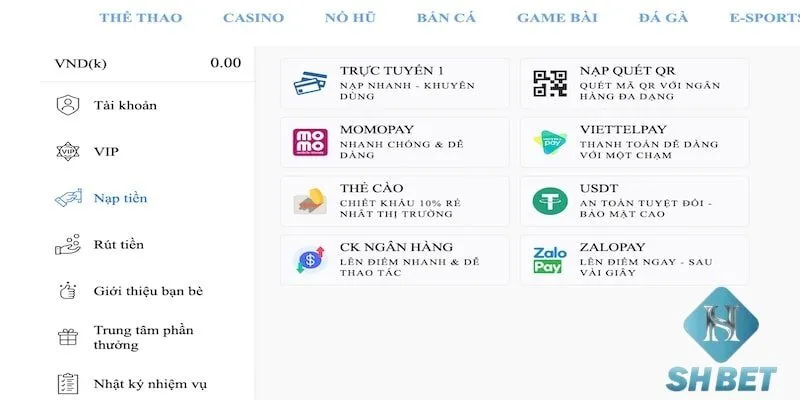 Cách thực hiện nạp tiền SHBET