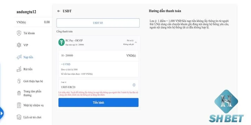 Nạp tiền SHBET đơn giản với USDT