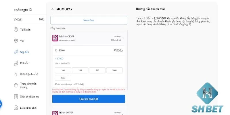 Cách nạp tiền SHBET nhanh bằng ví điện tử